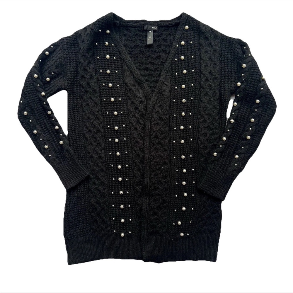 AQUA Cardigan Faux Pearl Trim Long Sleeve Open Front Sweater Black Women’s S